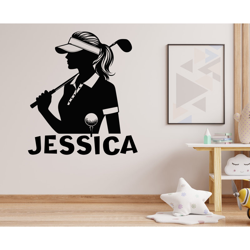 Adhésif mural personnalisé personnalisable golfeur féminin, autocollant mural personnalisé nom silhouette de golf, art mural amovible pour chambre à coucher ou salle de jeux 630DLU
