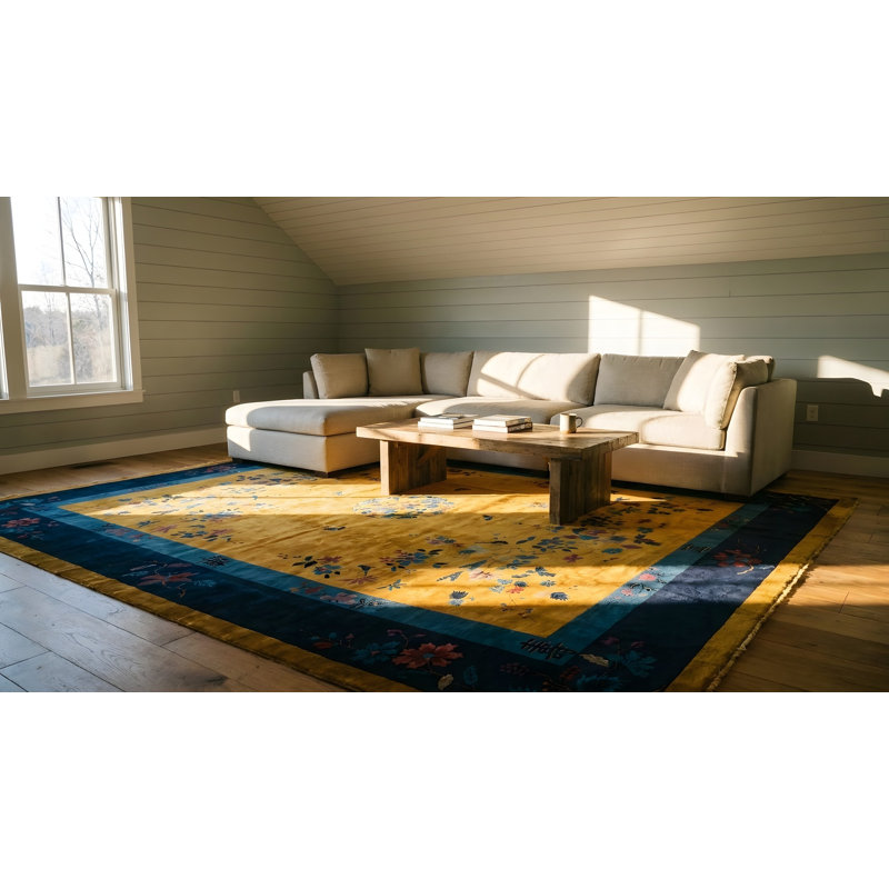 Antique Art Deco Chinese Floral Medallion Yellow Gold Color Area Rug