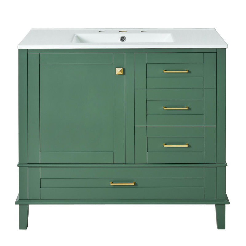 Meuble-lavabo moderne de 36 po avec cadre en pin massif, 1 porte à fermeture douce et 3 tiroirs, armoire de rangement moderne (même série que WF321698)