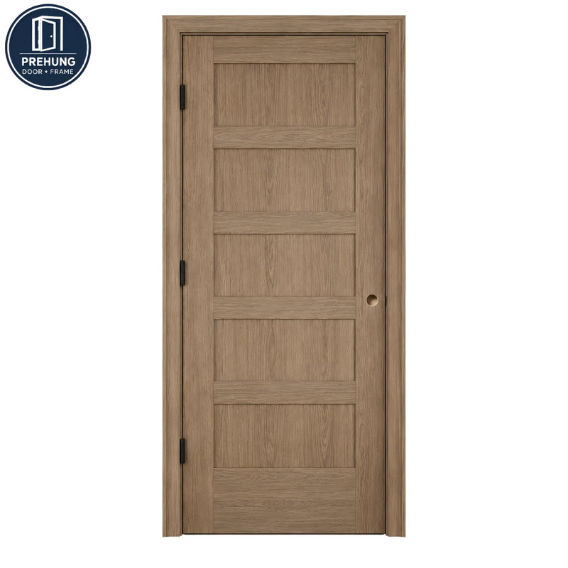 Porte intérieure prémontée de style Shaker à 5 panneaux, en bois massif plaqué noyer, avec chambranles et charnières
