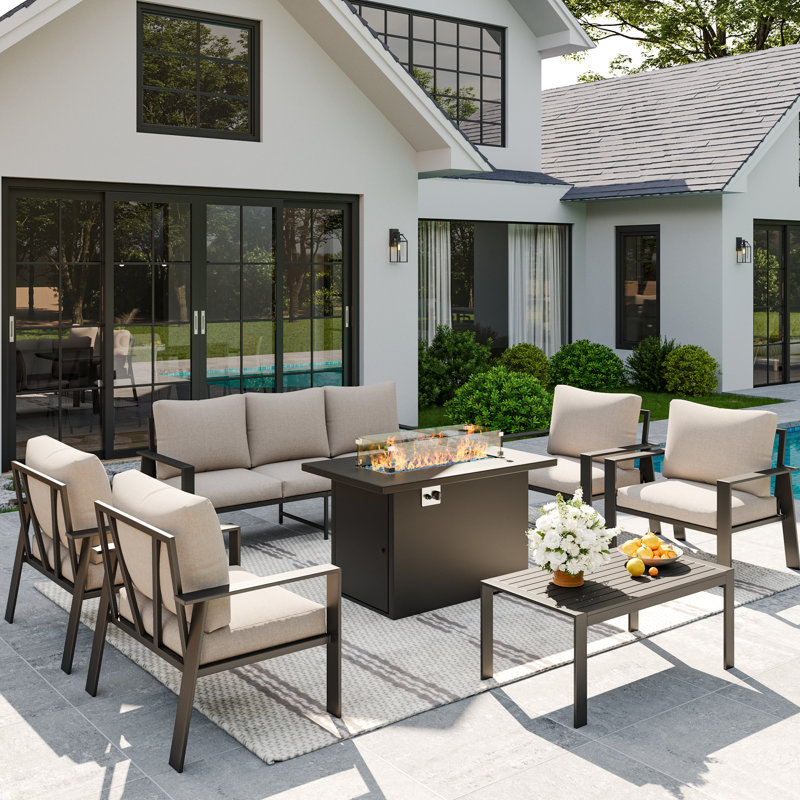 Clean-Line Aluminum Outdoor 7-Person Patio sofa Set with Fire Pit & Coffee Table, Yes, Beige