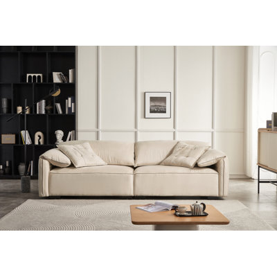 94.49'' MId Century Cream Elephant Ear Sofa, Oversized Deep Seat Microfiber Suede 4-Seater Upholstered Couch with 2 Throw Pillows for Living Room