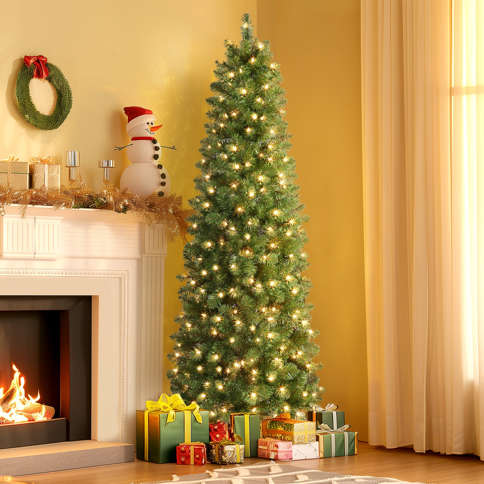 Prelit Slim Pencil Christmas Tree, Warm White LED Lights, Full Branch Tips, 5.5', Green