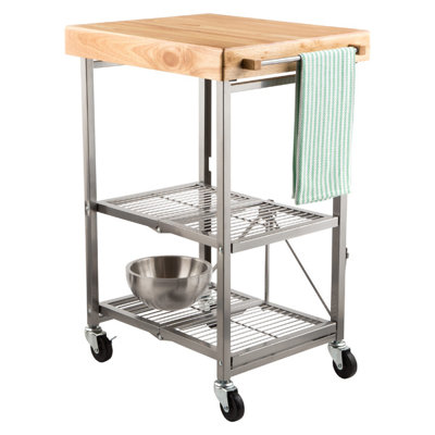 Origami Foldaway Rolling Kitchen Cart Solid Wood Top In Gray