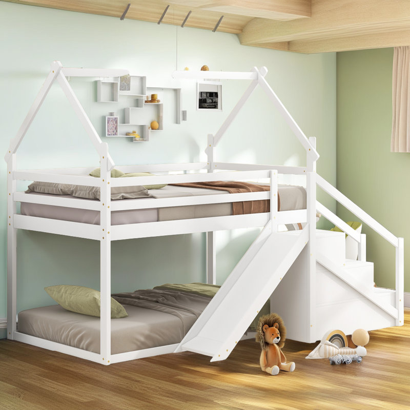 Lit mezzanine ou superposé avec glissade et escalier Safe House Design, Blanc