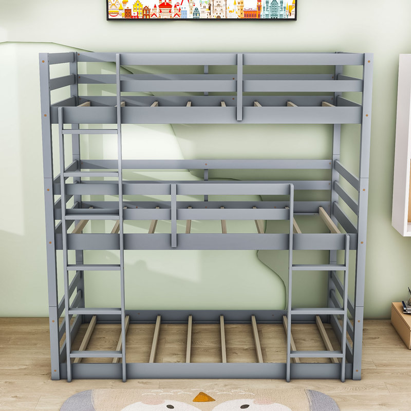 Lit superposé triple en bois avec deux échelles et garde-corps intégrés, gris