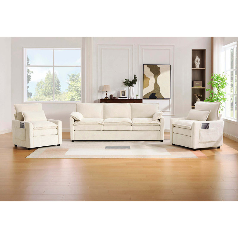 Ensemble de canapé rembourré moelleux beige, coussin double couche et poches de rangement latérales pour le salon, Beige