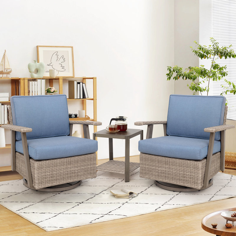 Arusha Antilles Howton 3-Piece 360-Degree Oversized Resin Wicker Outdoor Swivel Rocker Patio Chairs Set, Light Blue