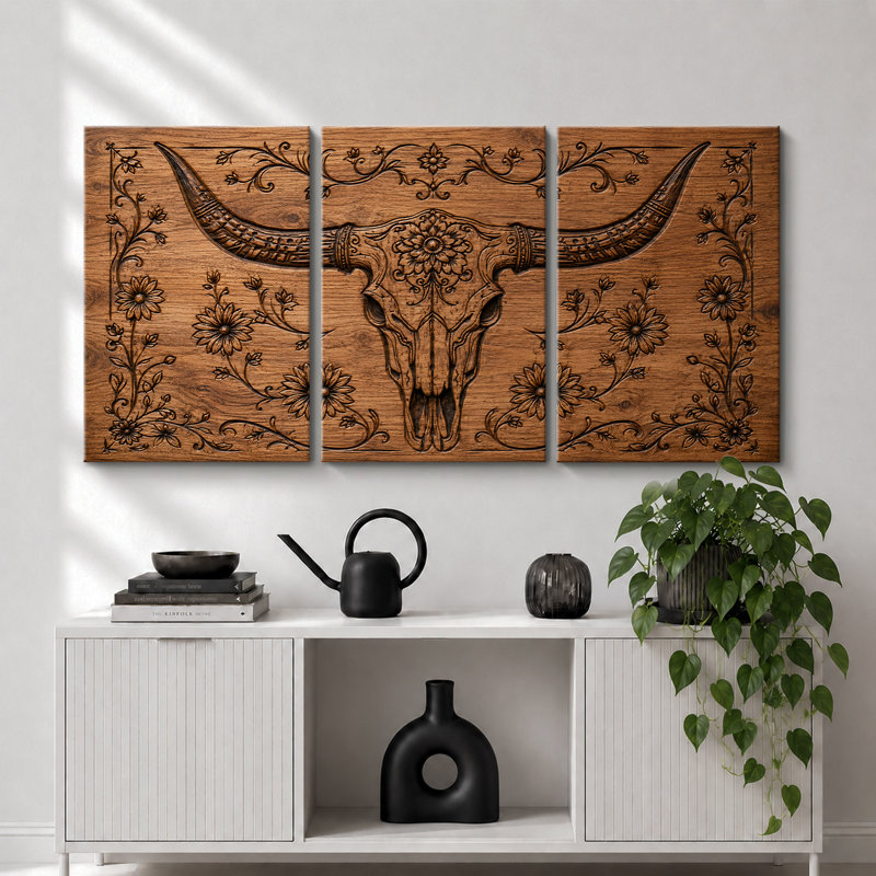 Tableau représentant un crâne de taureau à motifs floraux de l'Ouest, décoration murale pour le salon, impression giclée sur toile en 3 parties