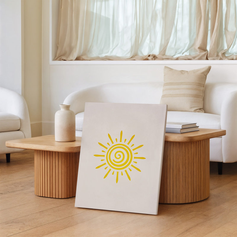 La toile crée un design minimaliste mettant en vedette un art de symbole du soleil jaune vif au centre rayonnant de chaleur et de posibilité