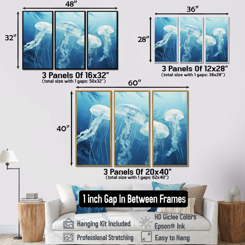 Ensemble de salon art mural méduse blanche flottant à la surface de l'océan, Cadre flottant doré, H 40 po x l 60 po x P 1 po