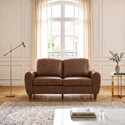 Faux Leather Sofa Couch, Upholstered Breathable PU Leather Sofa with Round Arms, Nailhead Trim, Solid Wood Legs, Removable Zipper Cushion Covers for Living Room