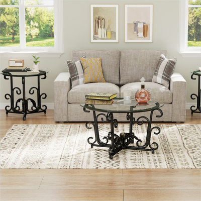 Ensemble de tables basses 3 pièces en verre avec plateau en verre trempé et structure en métal noir mat pour les petits salons