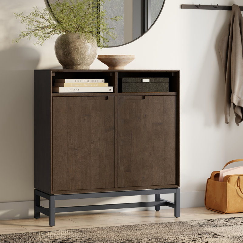 36"W Solid Hardwood 2-Shelf Modern Industrial Entryway Storage Cabinet with 2 Open Cubbies