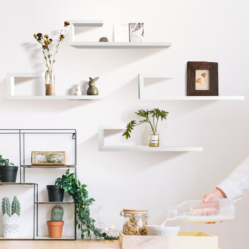 Leina Manufactured Wood L-Shaped Floating Shelves, White