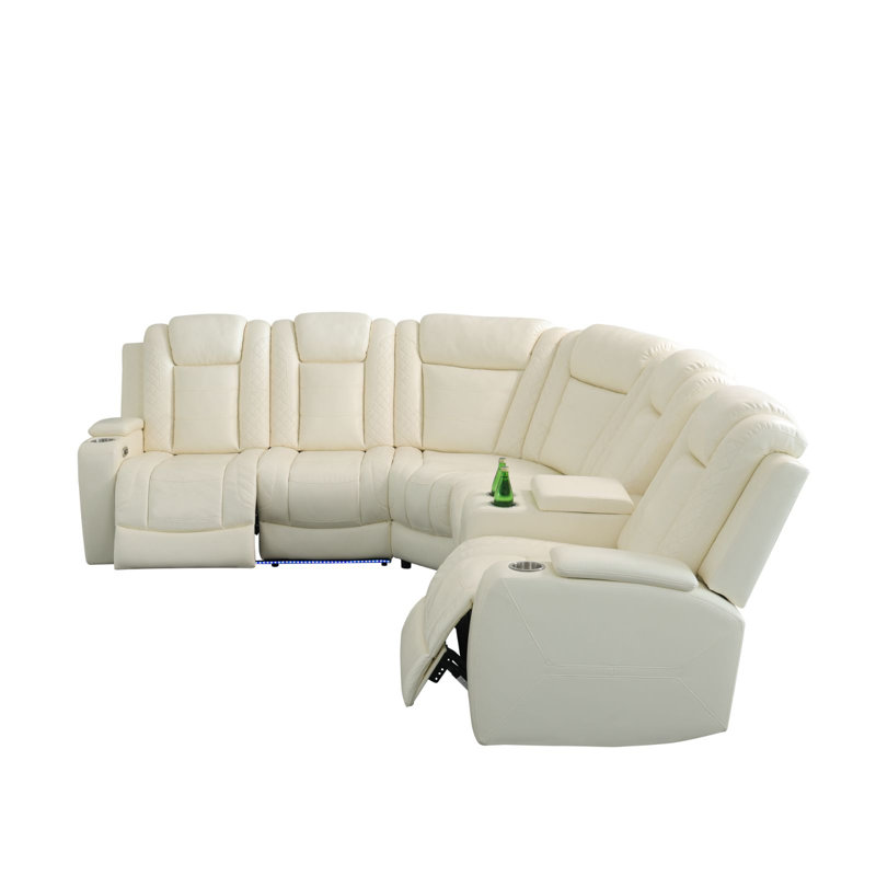 184.5" Off-White Top-Grain Leather 3-Piece Sectional Sofa