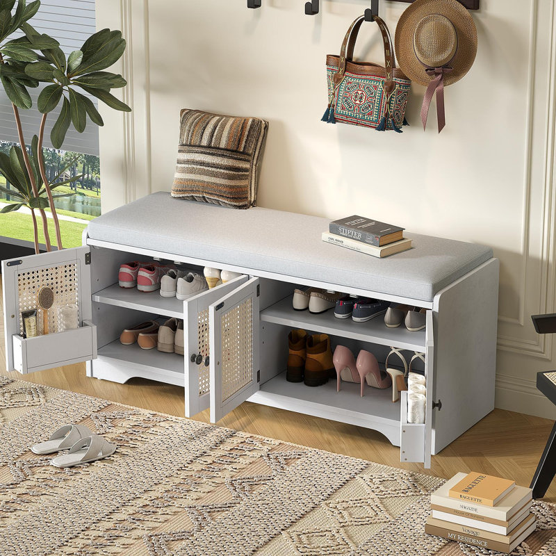 Rustic Storage Bench Multifunctional Wood Entryway Shoe Bench With Removable Cushion, Woven Rattan Doors & Adjustable Shelves For Hallway, Living Room (White+Beige )
