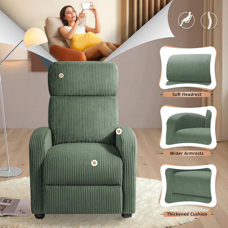 Manual Recliner, Comfortable Corduroy Recliner with Upholstered Back and Seat Cushion, Green