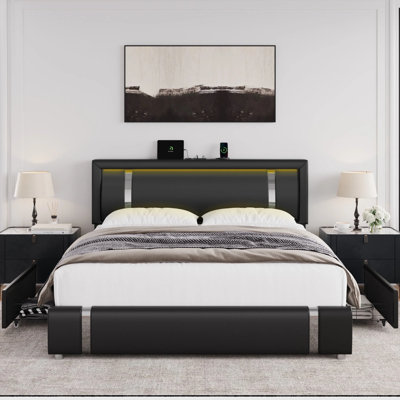 3-Piece Bedroom Sets, Storage Bed with 2-Drawers and Charging Port