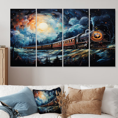 «Orange Moonlight Countryside Train Journey III - Transport train», ensemble d'art mural 4 pièces