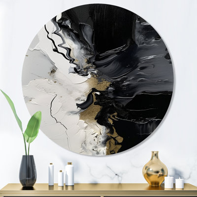 «Black Textured Splash Paint Art I», art abstrait mural rond en métal
