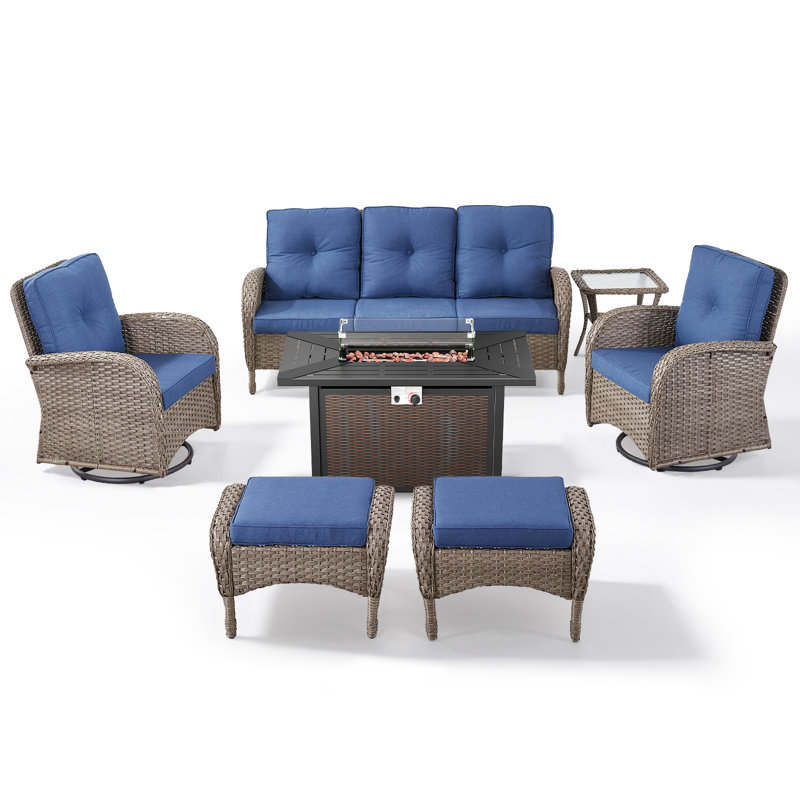 7-Piece Outdoor Patio Wicker Relaxed Fire Pit Set With Swivel Chairs And Ottomans, Blue