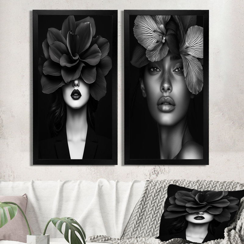 "I", art floral sur toile noir et blanc, H 32 po x l 32 po, Toile tendue