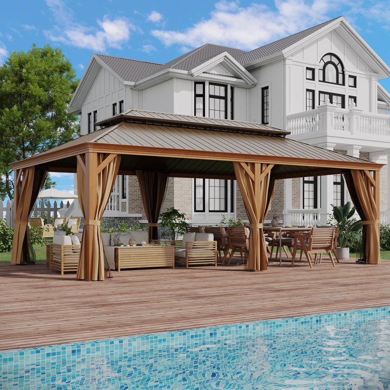 14 x 22ft Hardtop Gazebo With Aluminum Wood-looking Frame, Galvanized Steel Double Roof, And Privacy Curtains For Garden, Patio, Backyard, Deck, And Lawn