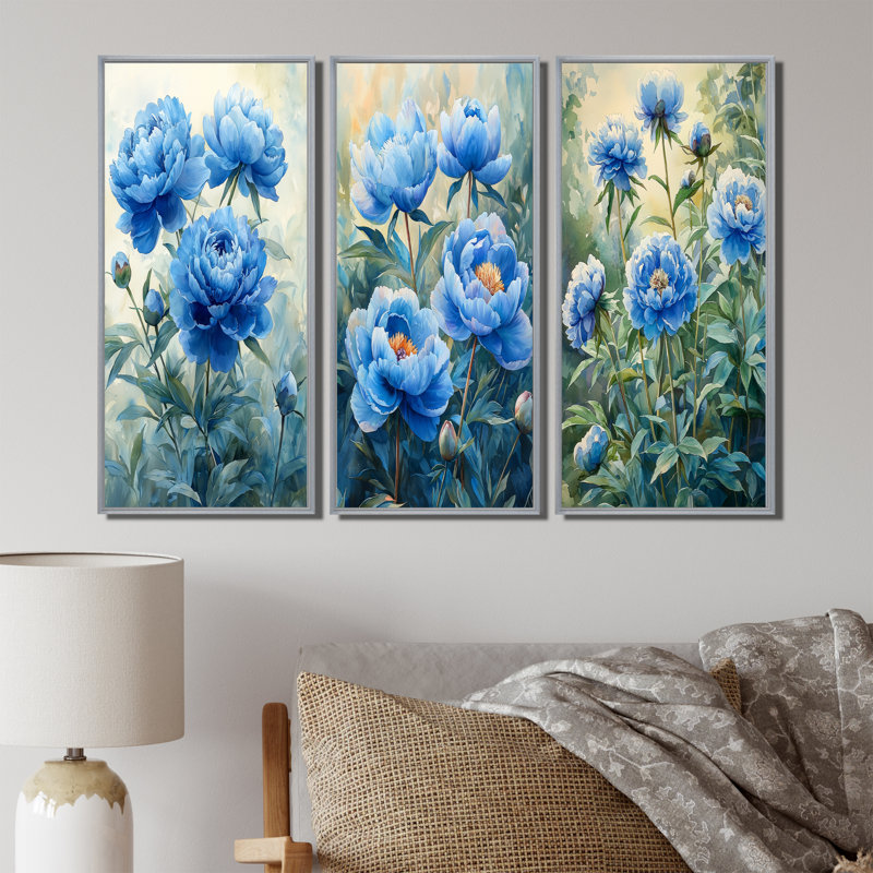 Turquoise bleu pivoines dans le jardin I - Collection d'art mural pivoines, H 28 po x l 36 po, Impression encadrée flottante