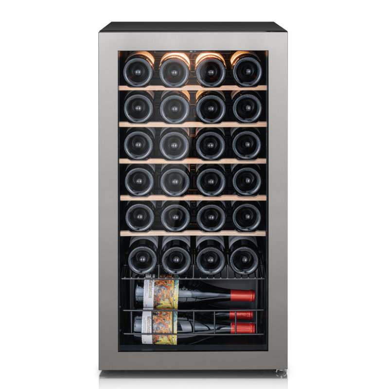 Réfrigérateur à vin 28 bouteilles avec porte réversible Ca'lefort, tablettes réglables, refroidisseur à vin à contrôle de température précis de 37 à 65 ° F, système de refroidissement à compresseur, éclairage DEL à 3 couleurs, réfrigérateur à vin à porte en verre à 2 couches, parfait pour la cuisine, la salle à manger, Bar personnel