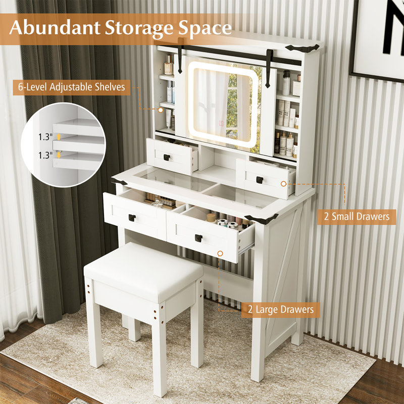  Farmhouse Vanity Desk Makeup Vanity Table w/Adjustable Brightness Sliding Mirror White