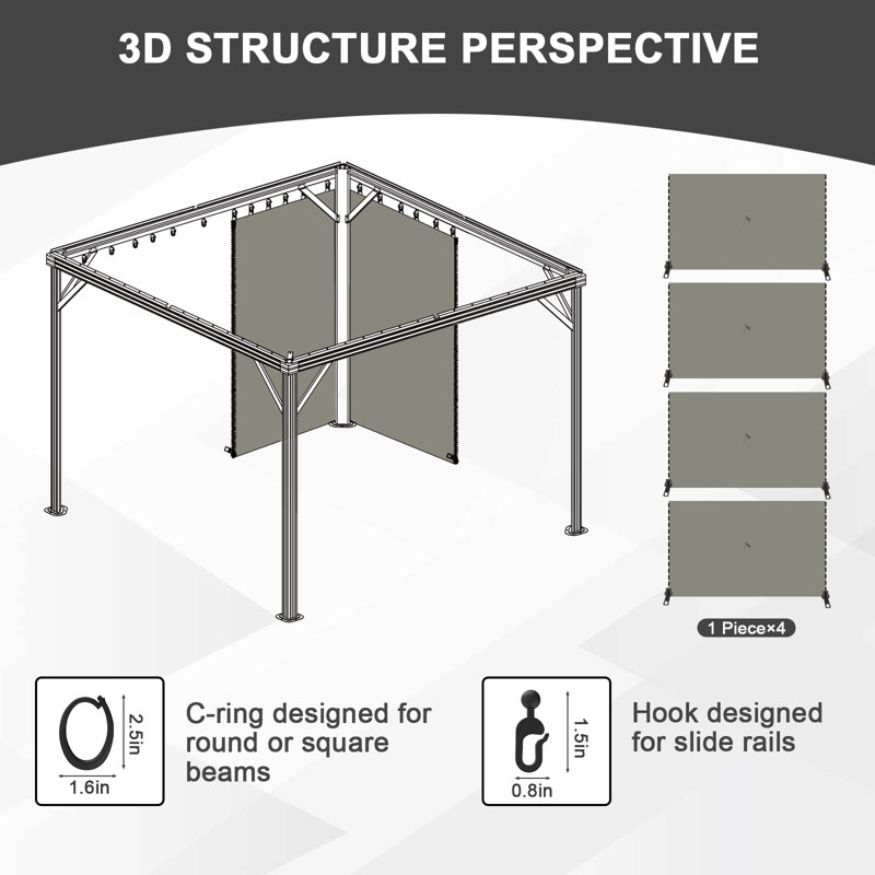 Aoodor Replacement 4-Panel Gazebo Sidewall Curtains, Gray, 82.7" H x 120" W x 144" D