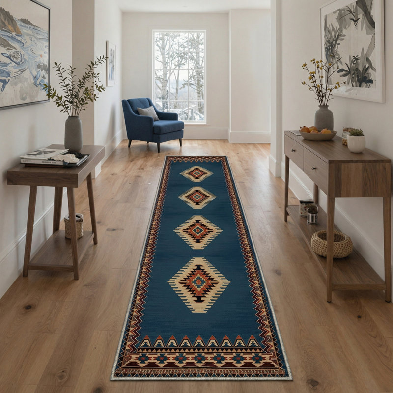 Southwestern Tribal Medallion Machine Washable Blue / Beige / Red Indoor Area Rug with Non-Slip Backing, Runner 2'6" x 8'