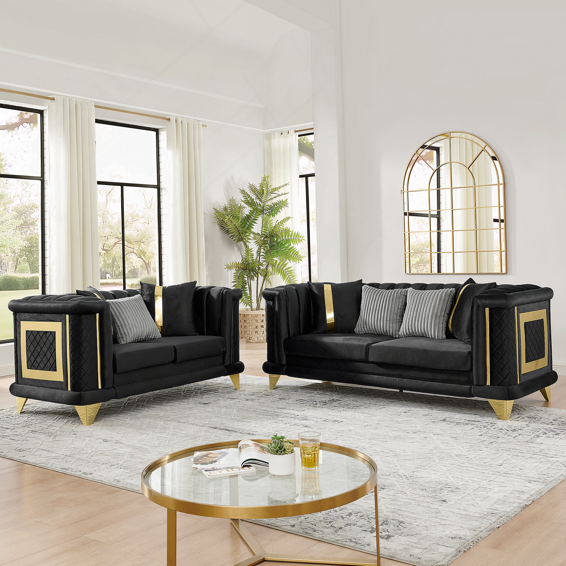 Mercer41 Luxury Velvet Sofa Set With Gold Stainless Steel Trims, Mid ...
