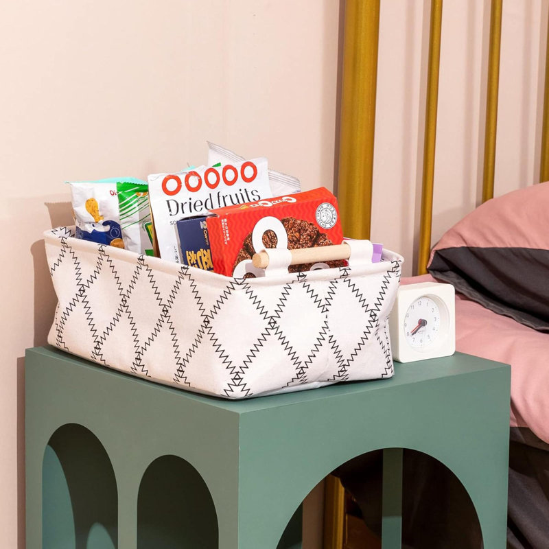 Panier de rangement décoratif rectangulaire pliable en tissu avec poignées en bois pour le rangement des vêtements