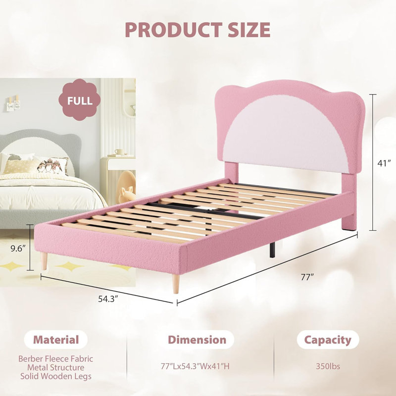 Full Size Bed Frame for Kids - Cute Velvet Princess Platform Bed with Upholstered Headboard for Girls/Boys, Solid Wood Slats Support, No Box Spring Needed, Pink + White