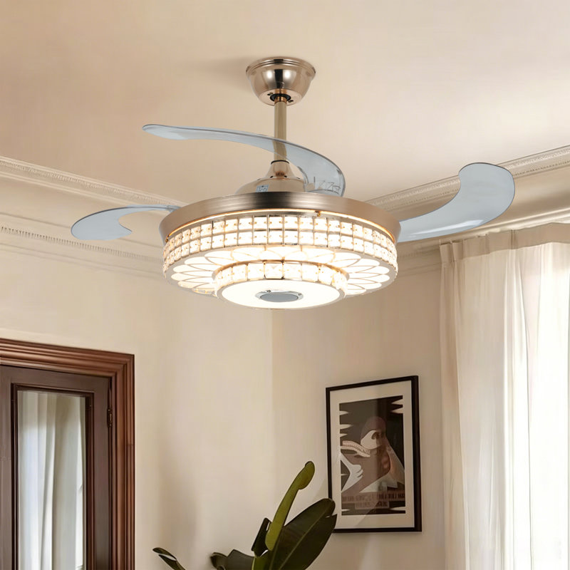 Ventilateur invisible en cristal doré de 42 pouces, lecteur de musique Bluetooth, télécommande, éclairage à trois tons, conception silencieuse et à grand débit d'air