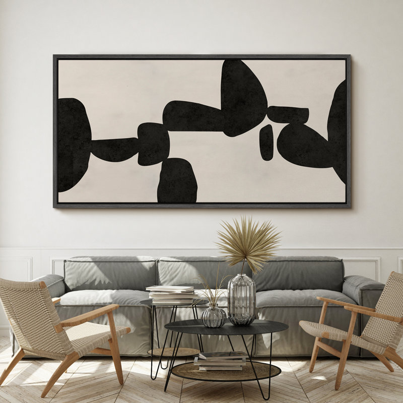 Abstrait abstrait géométrique noir Mid-Century, H 30 po x l 60 po, Noir, noir, noir, noir