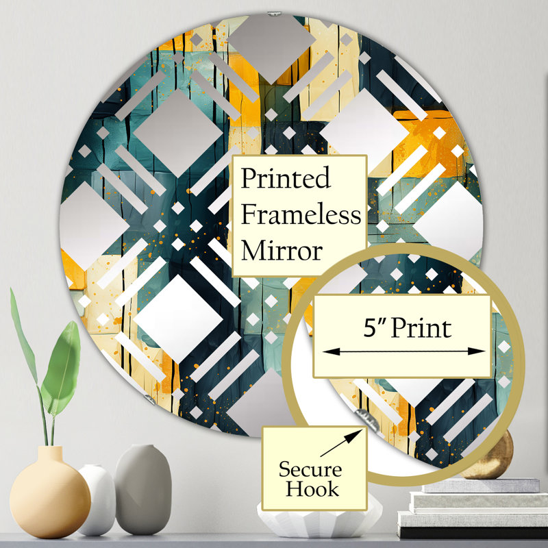 Jaune et bleu sarcelle abstrait géométrique Fusion - Miroir décoratif à carreaux | Rond, 23,6 po x 23,6 po