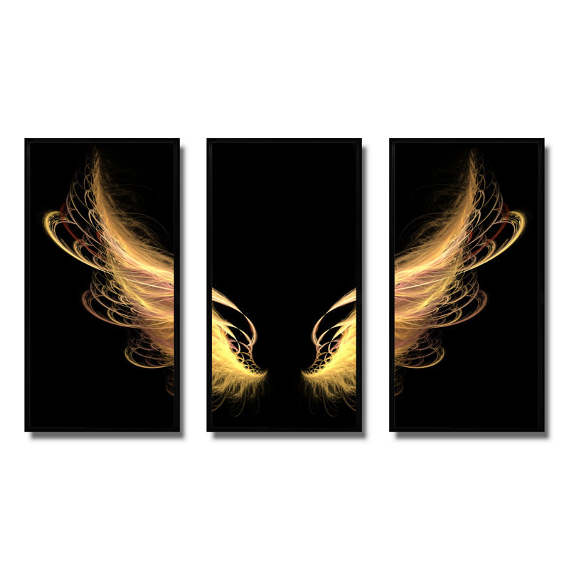 Golden Angel Wings On Black - ensemble de 3 reproductions d'art encadrées abstraites sur toile, H 20 po x l 36 po x P 1 po
