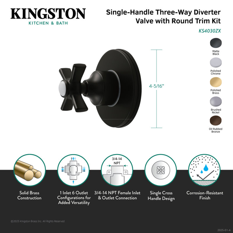 Kingston Brass Millennium Single-Handle Wall Mount Six-Way Diverter Valve with Trim Kit, Polished Brass