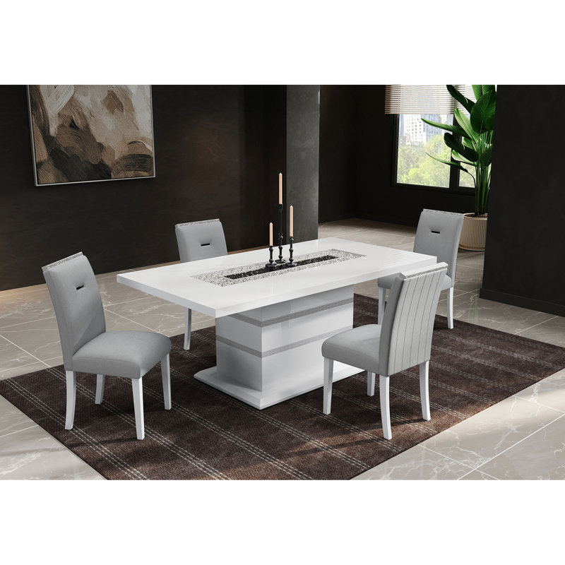 Ensemble de salle à manger blanc 5 pièces avec table carrée, 4 chaises rembourrées à dossier solide, base à piédestal et incrustations en verre, base Vibe Contemporary, configuration en bois d'hévéa