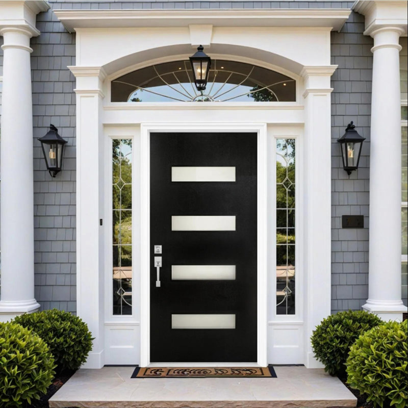 Porte d'entrée extérieure moderne en fibre de verre avec verre 4 Lite et texture acajou, L 37,5 po x H 81,625 po x P 4,56 po