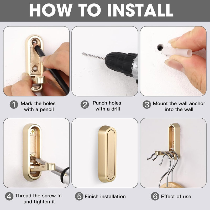 6 foldable golden wall hooks