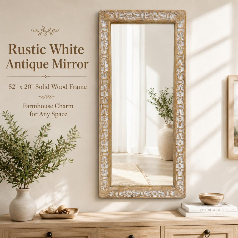 Miroir mural rustique en bois massif - Blanc antique, White Antique