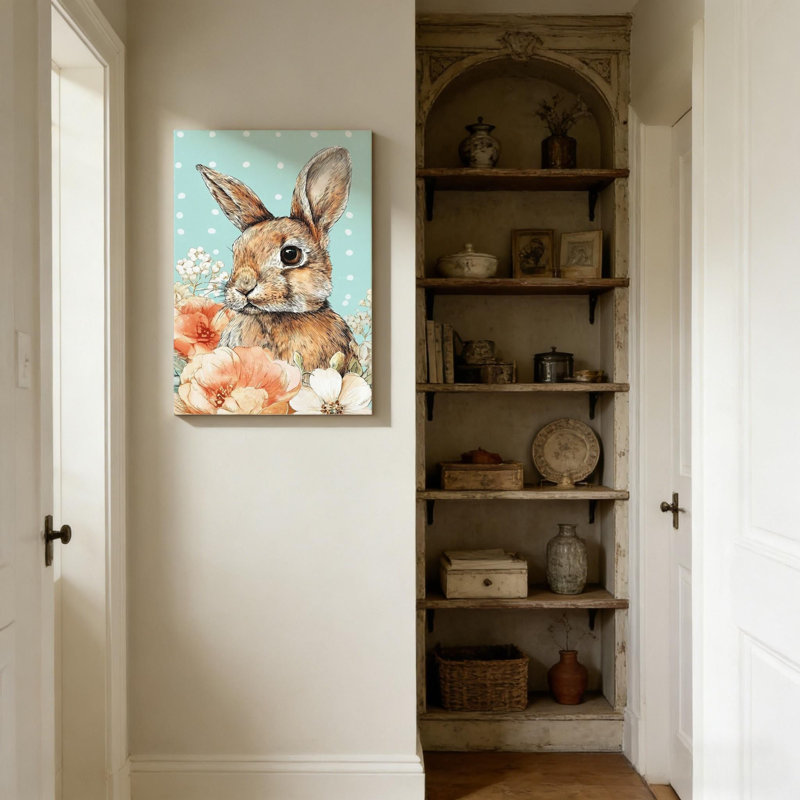 Impression murale sur toile bleue avec joli lapin de Pâques avec fleurs et support en bois massif pour salon, chambre à coucher, appartement