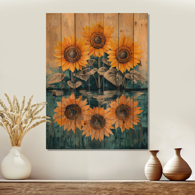 Tournesols en réflexion I - Art mural en bois tournesols - sur bois de pin naturel
