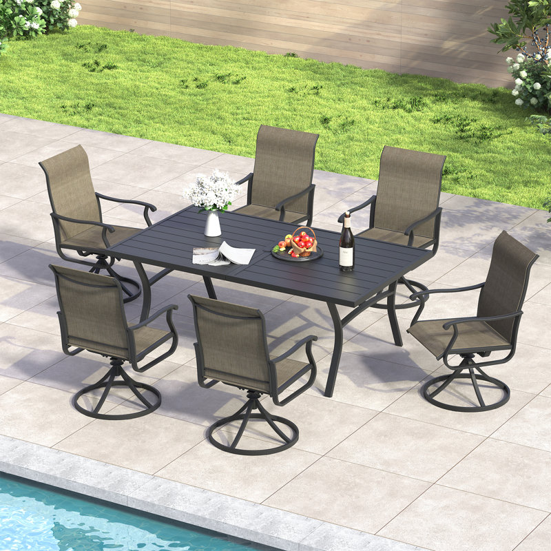 6-Person Patio Dining Set with 63" Metal Curved Dining Table and PVC-coated polyester Swivel Dining Chairs, Brown/Black