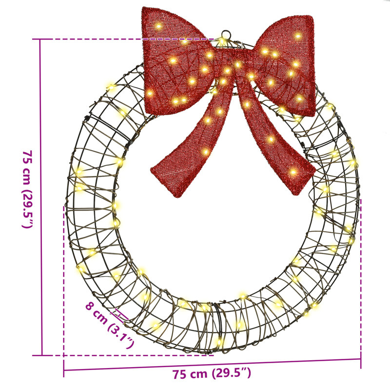 vidaXL Wreath with 80 LEDs PET, 75cm H x 75cm W x 8cm D, Black