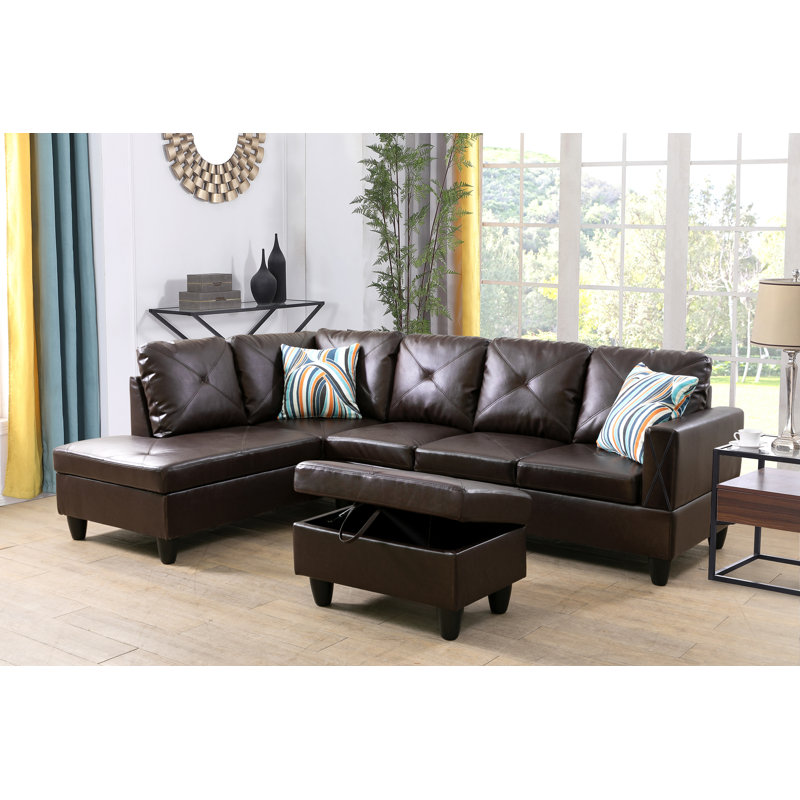 Swarey Faux Leather L-Shaped Sectional, Left Hand Facing, Classic Brown Faux Leather